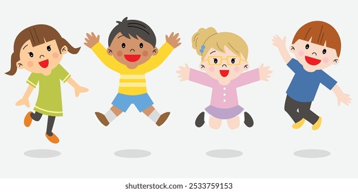 Group of children jumping happily excited illustration girl and boy happy simple drawing hurray playful