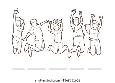 Group of children jumping, Happy Feel good cartoon graphic vector.