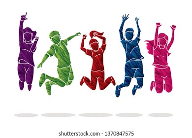 Group of children jumping Happy Fun Party graphic vector.