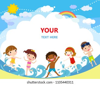 Group of children jumping on beach