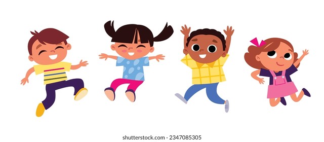 Group of children jumping and smiling. Active boys and girls have fun.