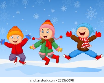 Group of children jumping together in wintertime