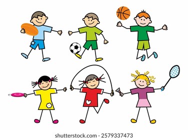 group of children, kids playing, girls and boys, set of sports equipment, football, rugby, skipping rope, frisbee, badminton, basketball, vector illustration