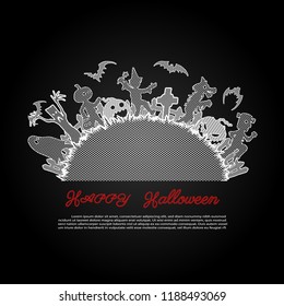 Group of children lace vector are running in halloween night.Children silhouette on black background.Trick or treat lace art highly detailed in line art style.