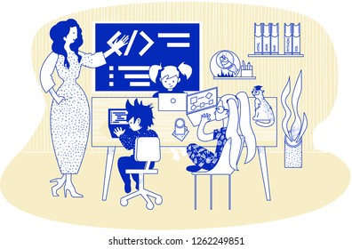 Group of children with laptops learn coding. Informatics lesson at school. HTML, Java, PHP, Python, SQL. Vector illustration for website, banner.