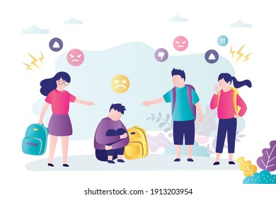 Group of children laughs and mocks schoolboy. Bullying and humiliation at school or college. Kids points fingers on unhappy student. Concept of society problem and discrimination. Vector illustration