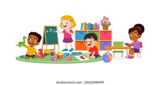 Grupo de Crianças Aprendendo e Brincando Juntos em uma Ilustração de Sala de Aula