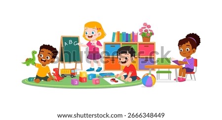 Group of Children Learning and Playing Together in a Classroom Illustration