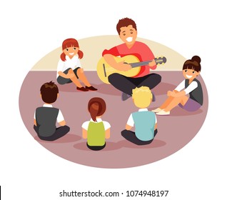 Group of children listen to their music teacher. Vector illustration