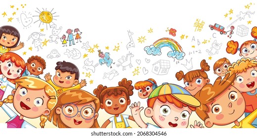 Group children look and wave their hands at the camera against the background of kids drawings. Group of multi ethnic friends. Colorful cartoon characters. Funny vector illustration. Panorama