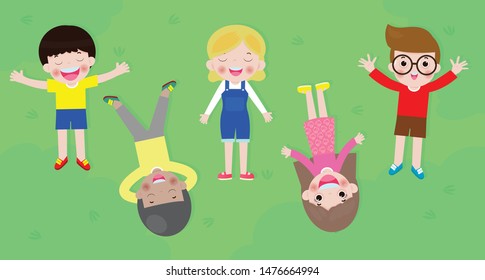 group children lying on green grass in park and relaxing. boys and girls sleep on meadow nature.
kids at the landscape vacation. top view.Vector flat icon cartoon design illustration.