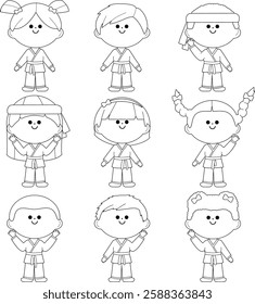 Group of children in martial arts uniforms. Karate kids athletes, boys and girls. Vector black and white coloring page.