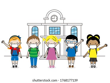 Group of children with mask and social distance for back to school. Isolated vector