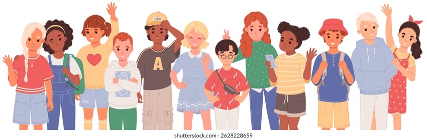 Grupo de filhos. Crianças em idade escolar multinacional. Meninos e meninas felizes de diferentes raças e idades. Imagens vetoriais isoladas no plano de fundo branco