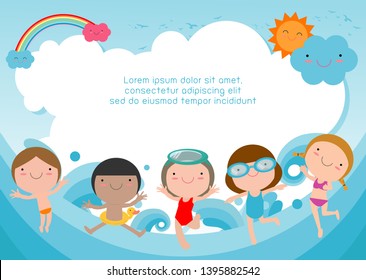 Group Of Children On The Beach, Happy Kids Jumping On The Beach, Child Having Fun On The Beautiful Beach,Template For Advertising Brochure,your Text, Kids And Frame,child And Frame,Vector Illustration