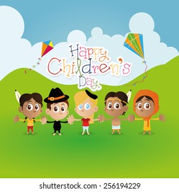 a group of children on a landscape with text and kites