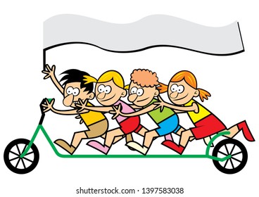 Group of children on scooter with banner, conceptual vector illustration, humor