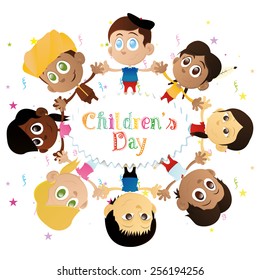 a group of children on a white background with text and stars
