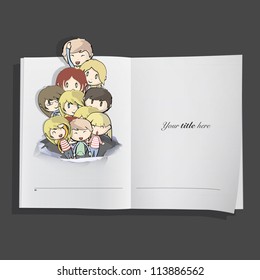 Group of children out of a big hole in paper inside a book. Vector background design.