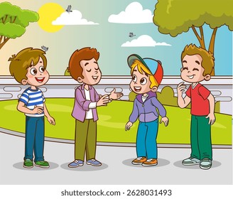 grupo de crianças no parque talk.vetor ilustração de crianças conversando