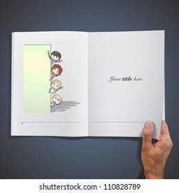 Group of children peeking behind a white poster. Realistic illustration of a magazine.