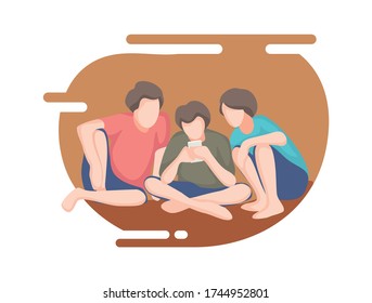 Group of children people use phone and smile happily. 
Playing games, watching movies, selfies, 
educational concepts with technology.