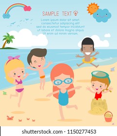 Group of children play on the beach, Happy kids on the beach, child having fun on the beautiful beach,Template for advertising brochure,your text, Kids and frame,child and frame,Vector Illustration