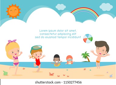 Group of children play on the beach, Happy kids on the beach, child having fun on the beautiful beach,Template for advertising brochure,your text, Kids and frame,child and frame,Vector Illustration
