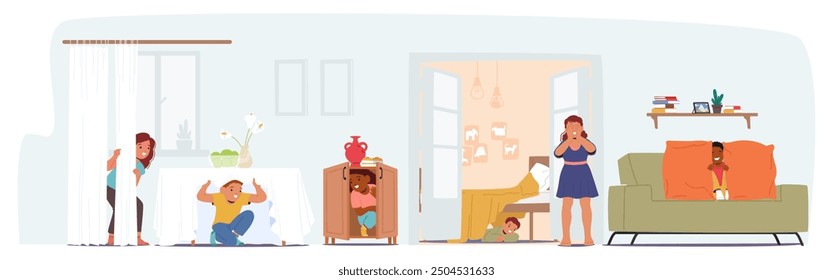 Group Of Children Playfully Engaging In Game Of Hide And Seek Inside A House Setting. Cartoon Vector Illustration Captures The Joy And Excitement Of Kids Characters As They Find Creative Hiding Spots