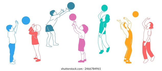 Grupo de niños jugando con una pelota, diferentes colores y poses, personaje de dibujos animados, concepto de diseño de iconos planos,   dibujo a mano, Vector, aislado en blanco