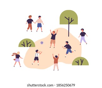 Group of children playing with ball at kindergarten playground. Outside kids activities and games. Healthy summer outdoor pastime. Colorful flat vector illustration isolated on white background