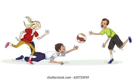 Group of children playing with ball. Team building and educational concept illustration. 