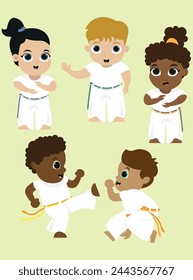 Group of children playing capoeira. Colorful vector illustration