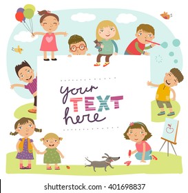 Group of children playing.  Childish holiday card in vector.