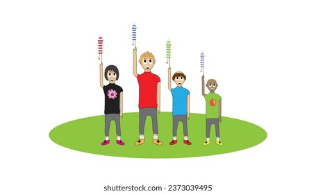 group of children playing with fireworks isolated on white background. green field