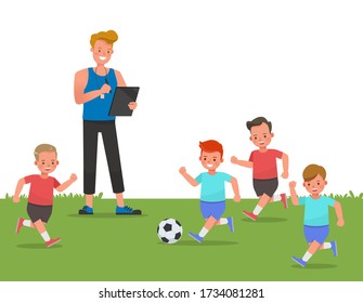 Group of children playing football with coach character vector design.