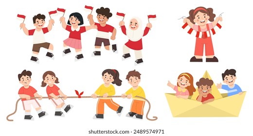Group children playing games vector illustration set