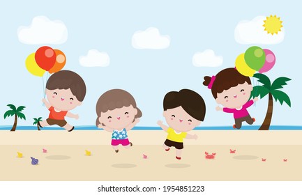 Group of children playing and jumping on the beach, kids having fun on the beautiful beach,Template for advertising brochure,your text, Kids and frame,child and frame,Vector Illustration