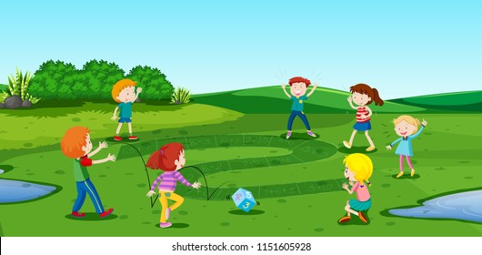 Eine Gruppe von Kindern, die Mathematikspiel-Illustration spielen