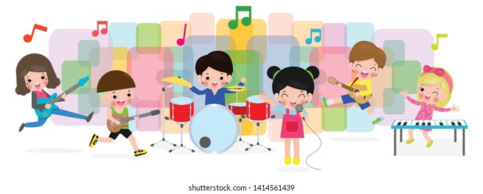 group of children playing musical instruments, Cartoon dancing kids, cute child musician various actions playing music. Play music concept illustrator vector