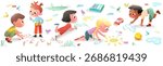 Group of children playing outside on playground, drawing pictures with chalk together. Happy childhood games outdoors, kids friends doodling with chalk. Vector illustration for children education.