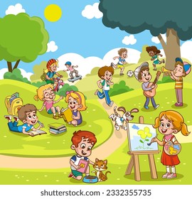 Group children playing, spending time in games, having fun, fooling around. Summer activities. Children in park,summer camp.teacher,Mum reading book to children.
