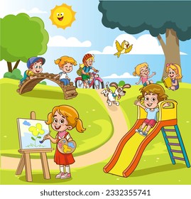 Group children playing, spending time in games, having fun, fooling around. Summer activities. Children in park,summer camp.teacher,Mum reading book to children.
