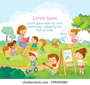 Group Children Playing, Spending Time In Games, Having Fun, Fooling Around. Summer Activities. Children In Park,summer Camp.Babysitter,teacher,Mum Reading Book To Children. Girl Drawing The Watercolor