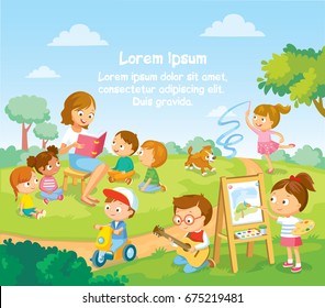 Group children playing, spending time in games, having fun, fooling around. Summer activities. Children in park,summer camp.Babysitter,teacher,Mum reading book to children. Girl drawing the watercolor