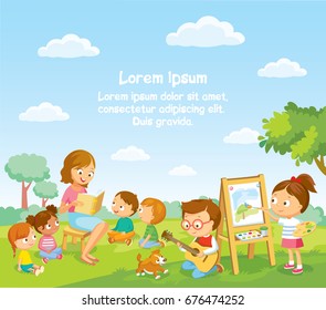 Group children playing, spending time in games, having fun, fooling around. Summer activities. Children in park,summer camp.Babysitter,teacher,Mum reading book to children. Boy playing guitar