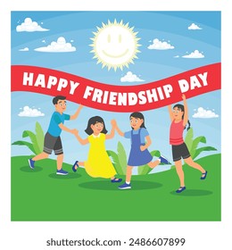 A group of children playing in the sun. Have fun and be happy together. Friendship Day concept. Flat vector illustration.