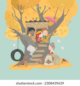 Group of Children playing in a Tree House in Autumn Park