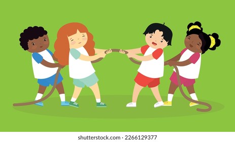 Group of children playing tug of war. Vector illustration in flat style