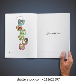 Group of children playing in the tv inside a book. Vector design.